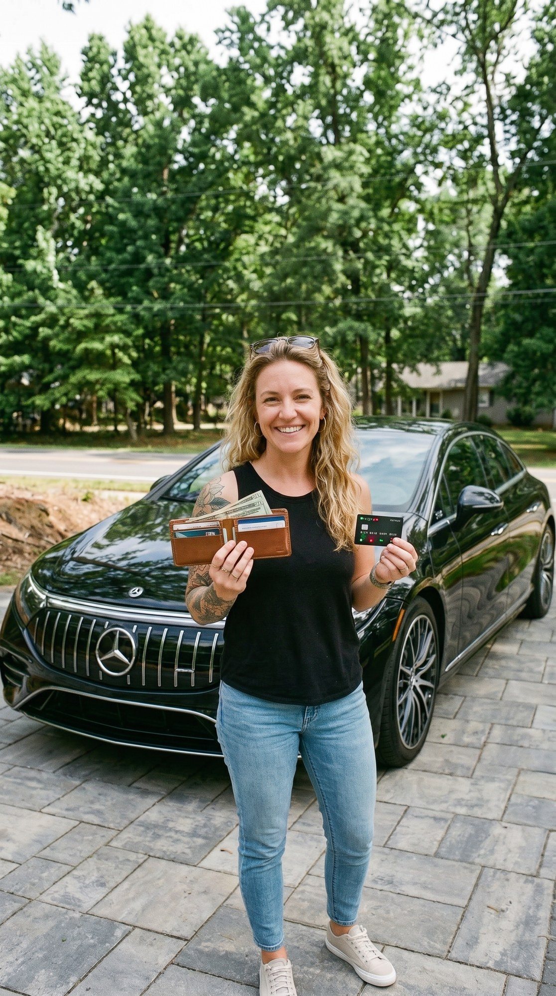Mujer sonriente junto a su carro, lista para salir de excursión