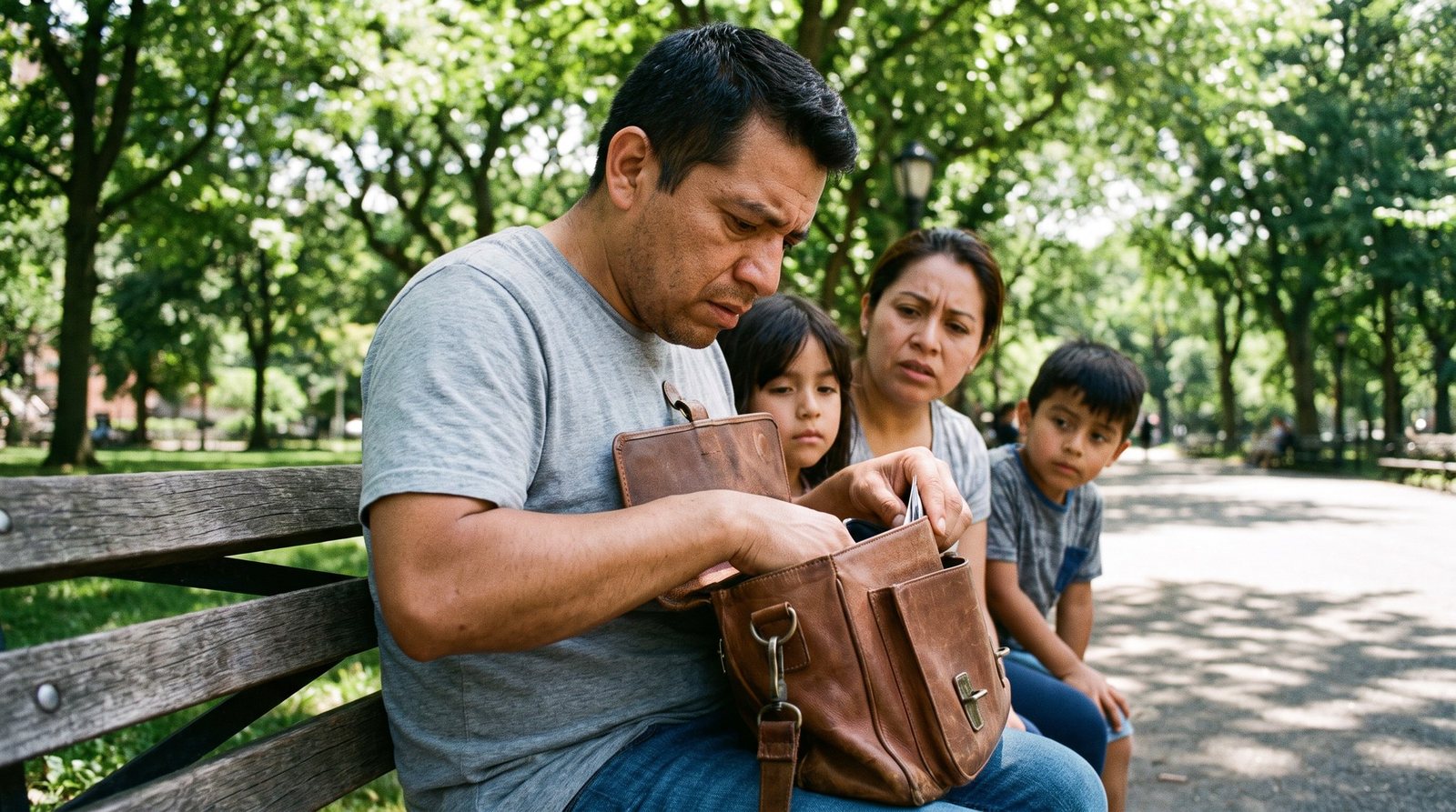 Familia preocupada revisando un bolso en un banco del parque porque no encuentran la cartera
