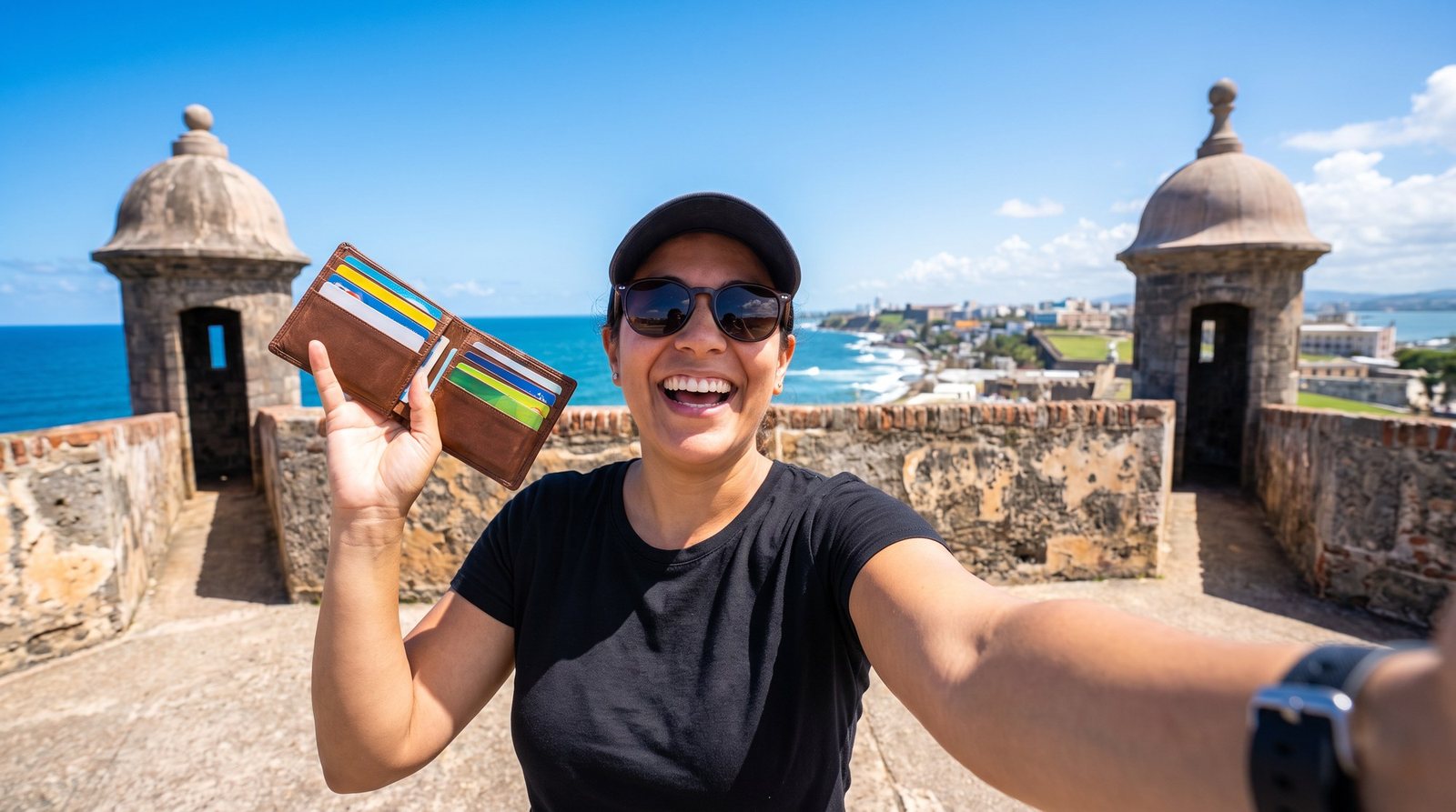 Mujer sonriente haciéndose una foto entre las garitas de las murallas de San Juan, con el mar detrás