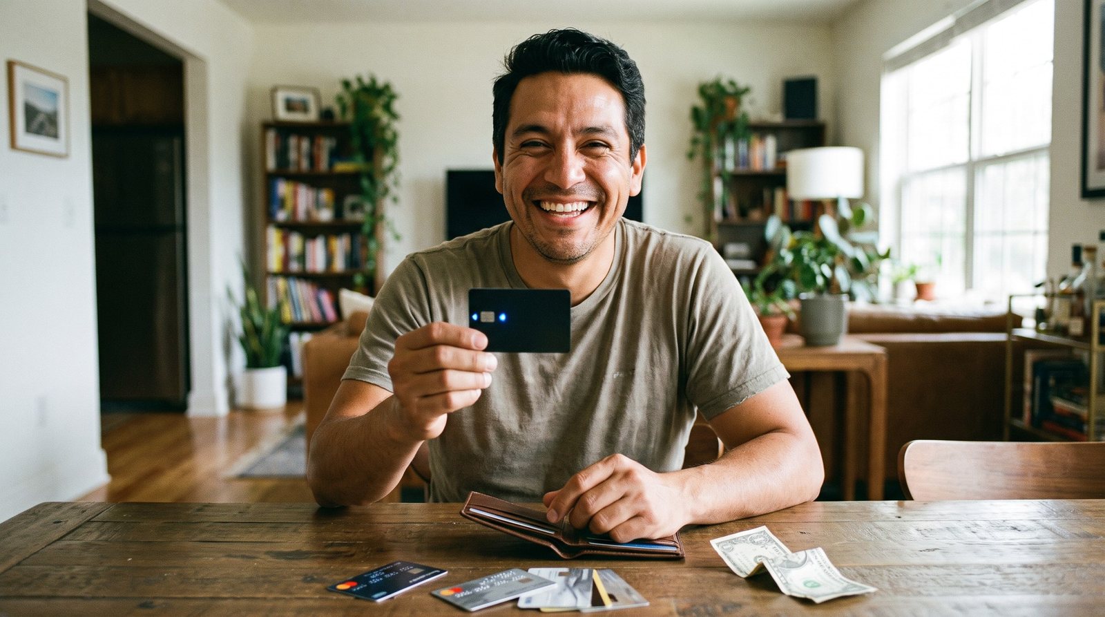 Hombre sonriente en la mesa de su casa con la cartera, una tarjeta y algo de efectivo preparados