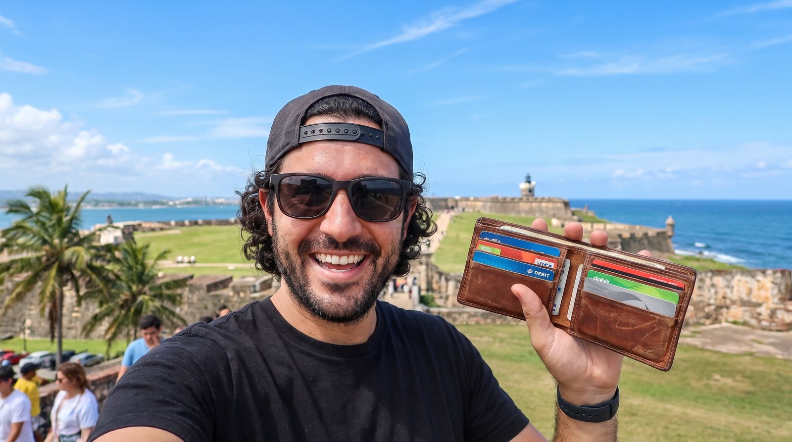 Hombre sonriente haciéndose una foto en la explanada junto a la fortaleza, con el faro al fondo