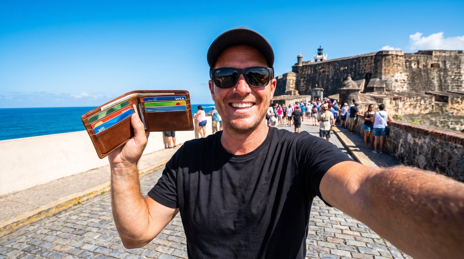 Hombre haciéndose una foto en el paseo de adoquines junto a las murallas y el mar