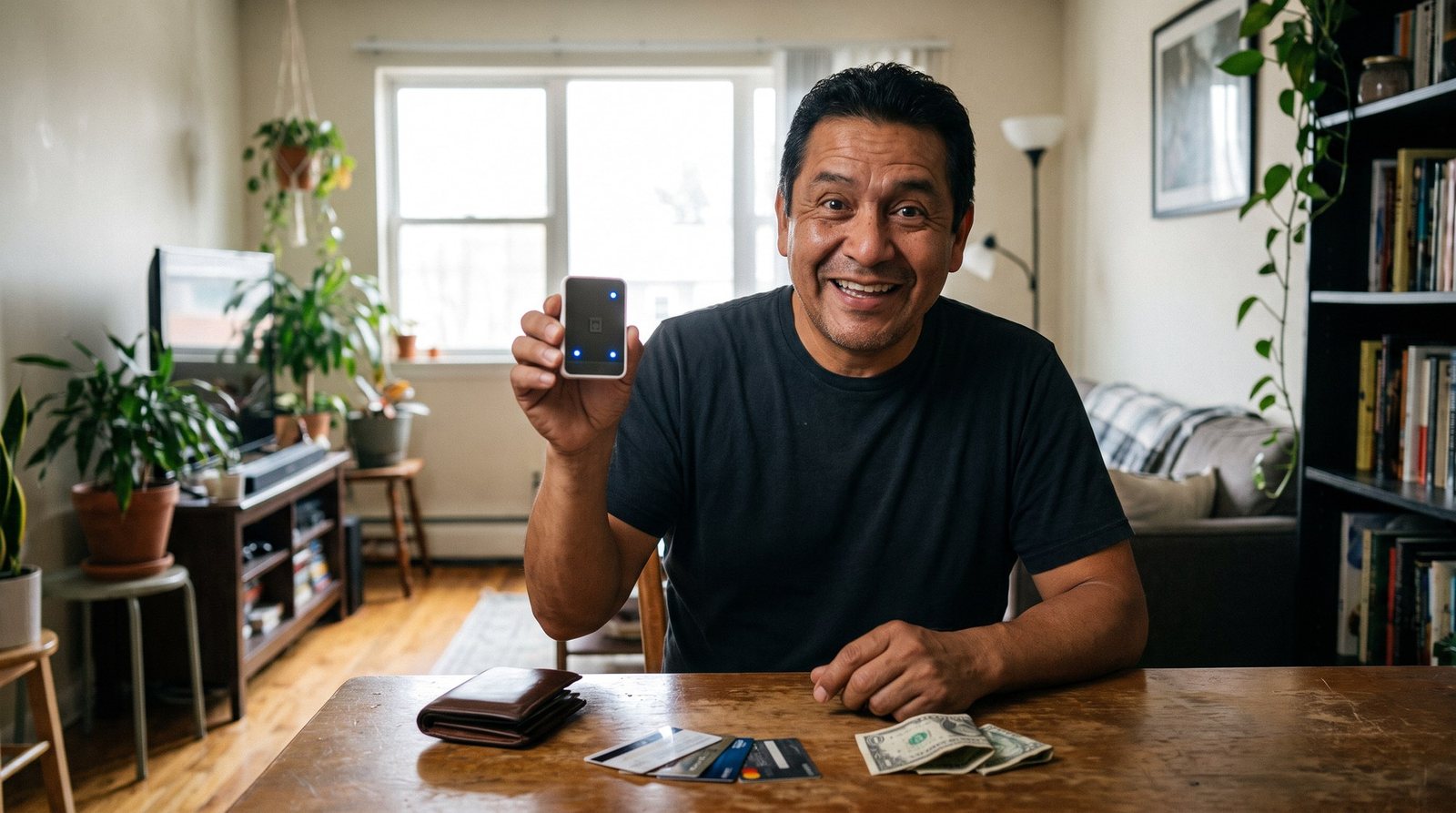 Hombre sonriente en su sala con el teléfono en la mano