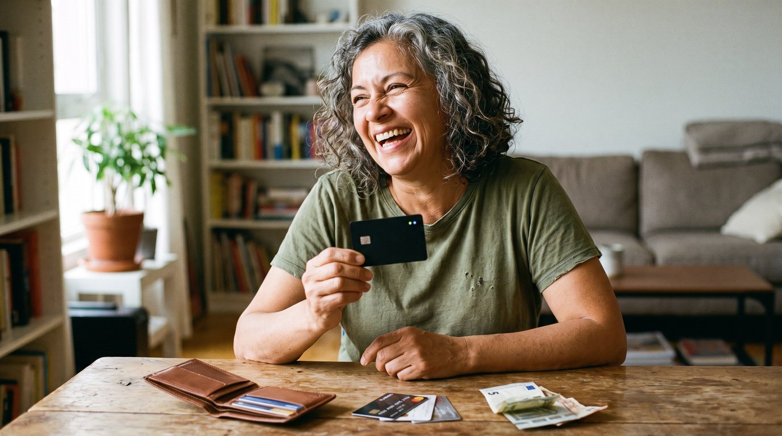 Señora sonriente sentada a la mesa en su casa, lista para salir